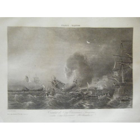 GRAVURE ACIER COMBAT 5 VAISSEAUX FRANCAIS 5 HOLLANDAIS