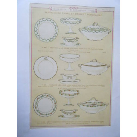 GRAVURE 1880 FAIENCES BOURGEOIS SERVICES TABLE ET DESSERT PORCELAINE